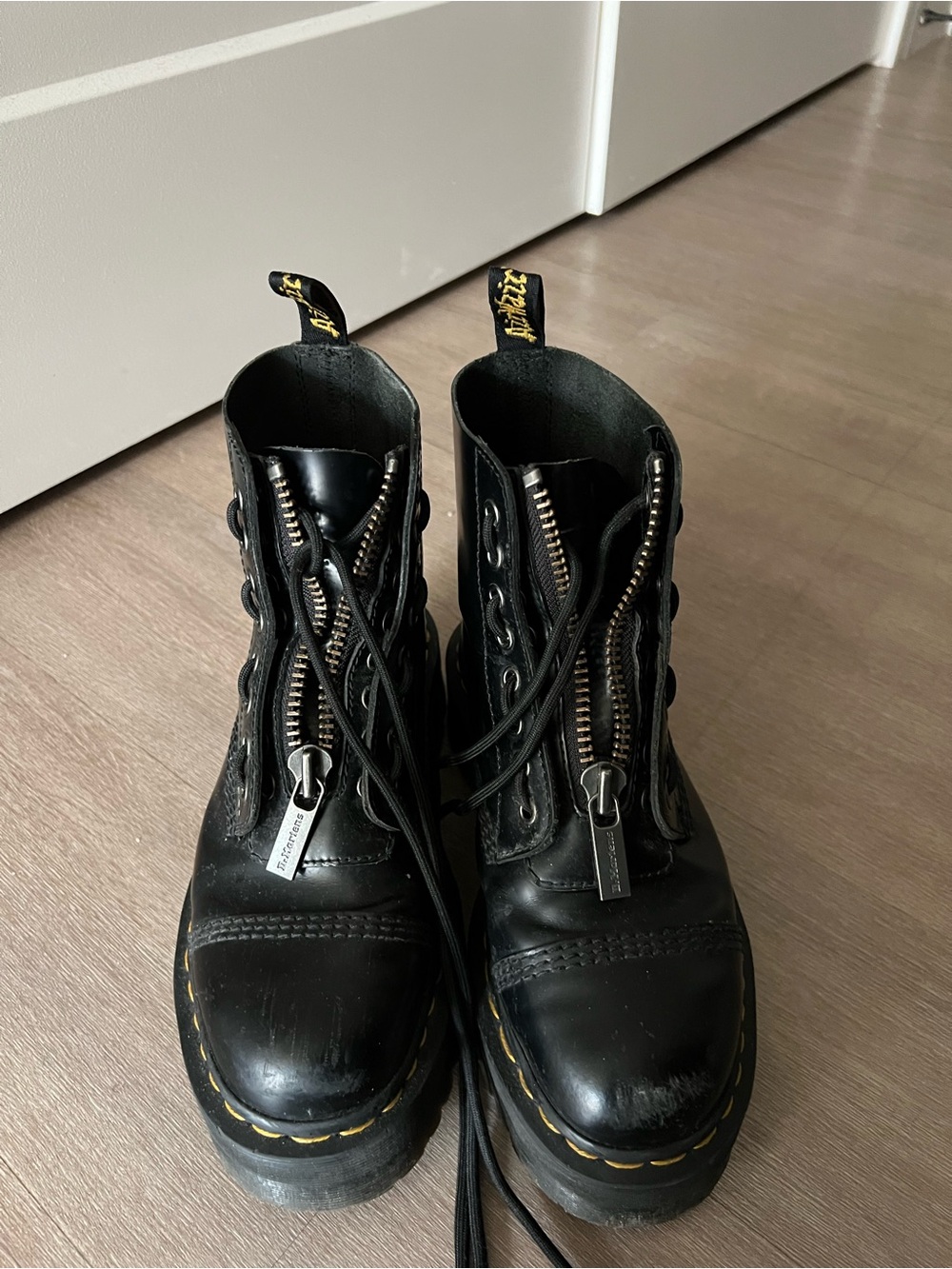Dr. Martens Black Leather Lace-Up Zip Platform Boots with Yellow Stitching